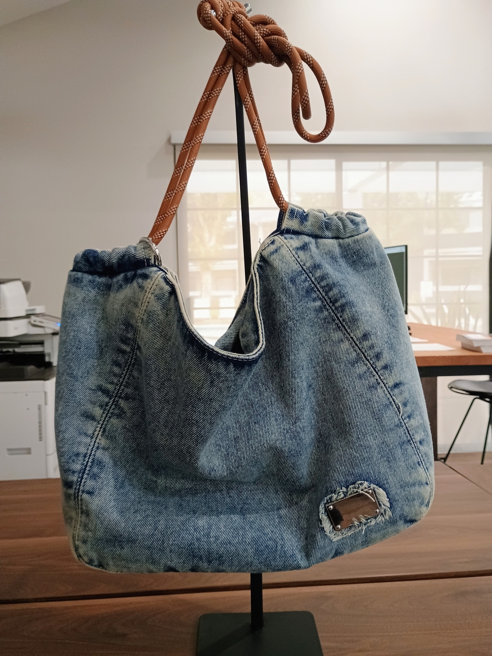 Casual Denim Hobo Bag with Brown Rope Strap